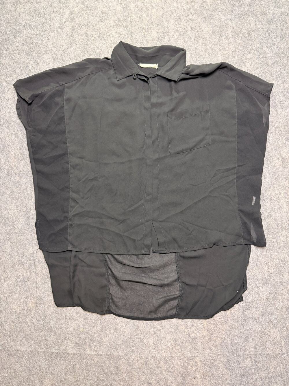 Lush Womens S/M Black Sheer Button Up Shirt High Low Hem Oversized Boxy Cap